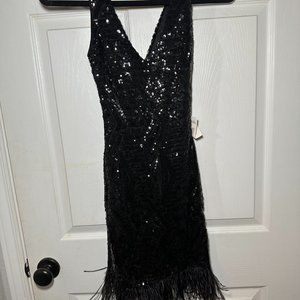 Roaring 20's Fitted Black Sequin Feather Mini Dress